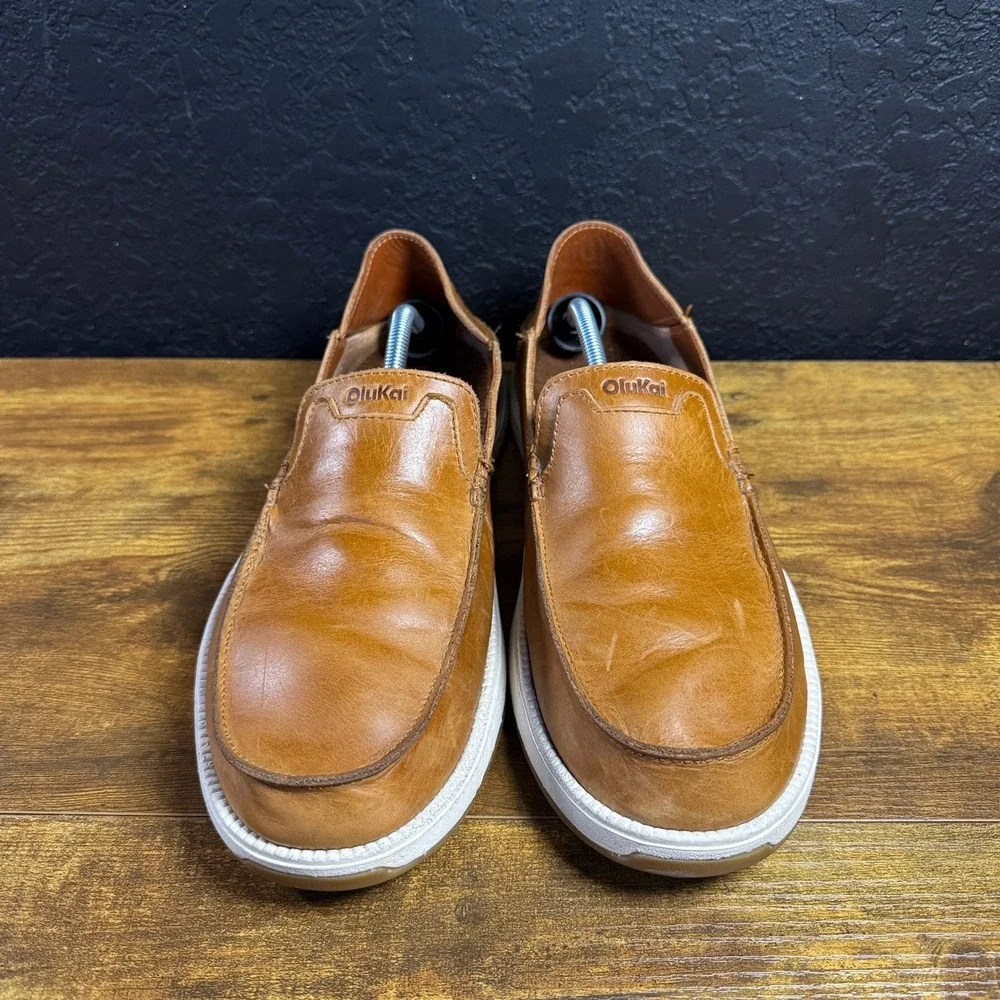 OluKai Kakaha 10557-FXFX Tan Leather Slip-On Loafers Mens Size 13 US / 46 EU